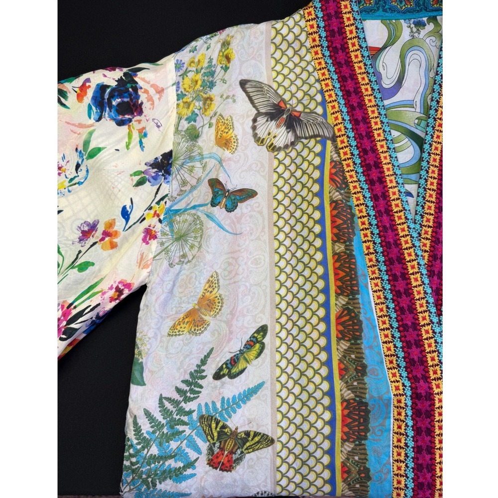 Silk Reversible Kimono Robe OS Multi Floral Paisley Butterfly Boho Festival Wrap - Picture 10 of 16
